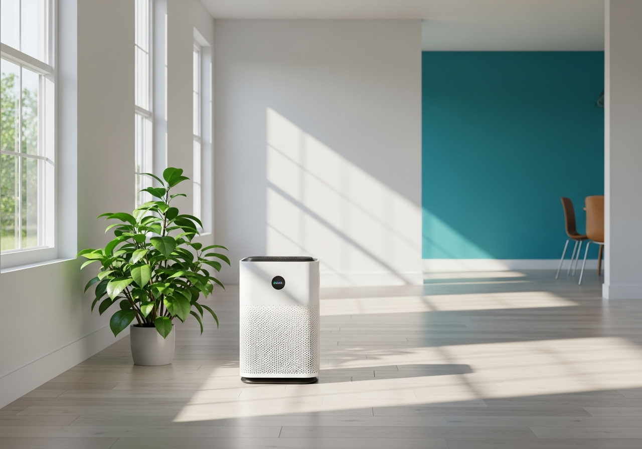 A modern HEPA air purification unit in a bright South Florida living room